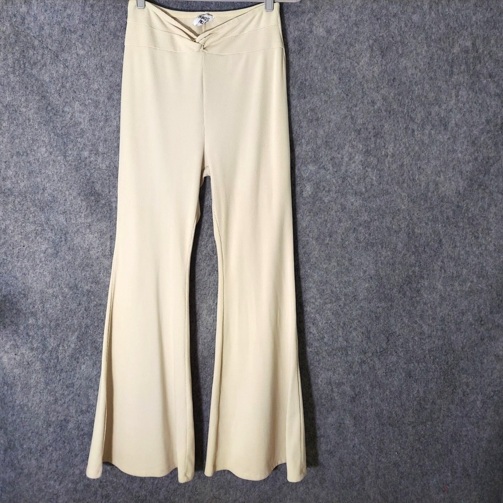 Princess Polly Pants 10 Long Big Flare Ribbed Corduroy Crisscross Cream Mod